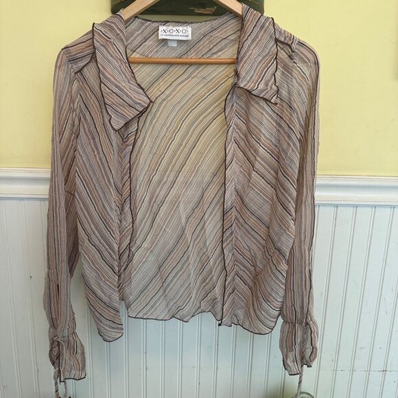 XOXO Sheer Striped Long Sleeve Blouse With Tie Cuffs - Picture 1 of 9